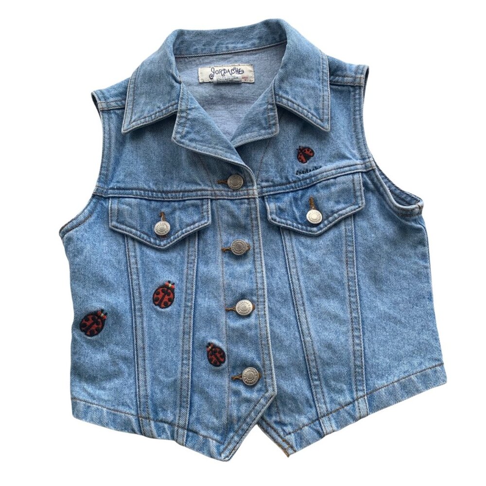 Vintage Jordache Light Wash Ladybug Embroidered Denim Vest S